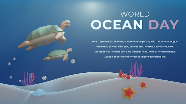 Modelo de banner do dia mundial do oceano com tartaruga 3d