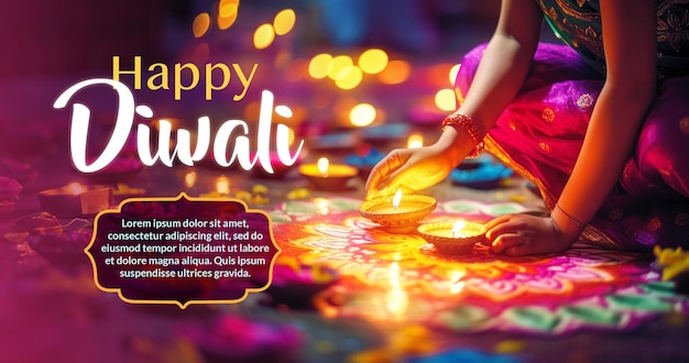 PSD modelo de banner do festival feliz diwali com espaço de cópia lâmpadas e velas a óleo de celebração deepavali