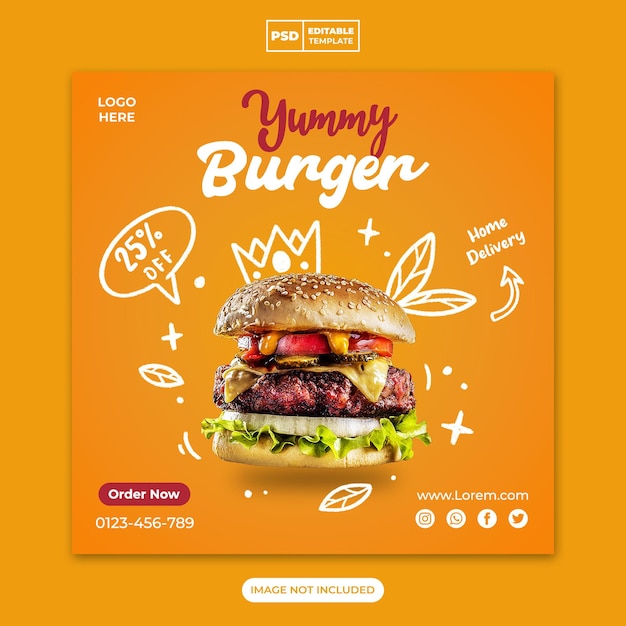 PSD modelo de banner do instagram de promoção de mídia social de menu de hambúrguer e comida