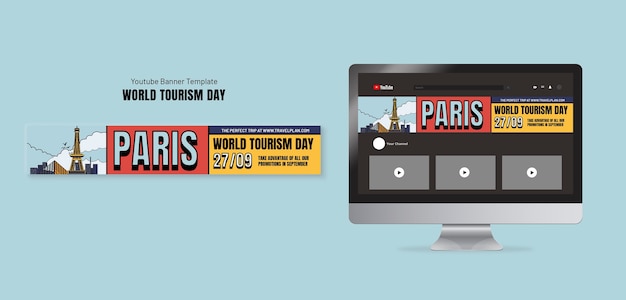 PSD modelo de banner do youtube para celebração do dia mundial do turismo