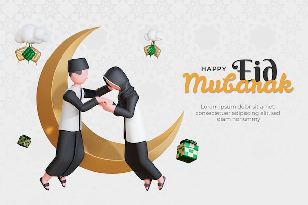 Modelo de banner eid mubarak com personagem de casal muçulmano 3d apertando as mãos