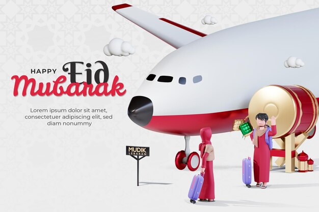 Modelo de banner eid mubarak com personagem de casal muçulmano 3d viajando