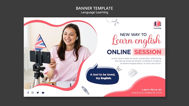 PSD modelo de banner horizontal de aulas de idiomas com design abstrato