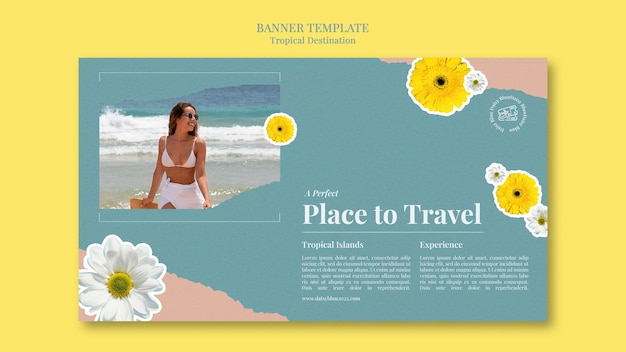 PSD modelo de banner horizontal de destino tropical cortado estilo com flores