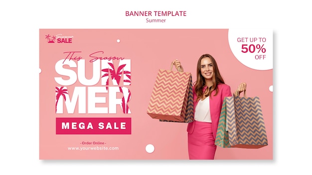 Modelo de banner horizontal de venda de verão com mulher segurando sacolas de compras