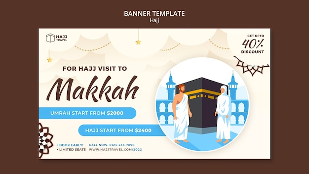 Modelo de banner horizontal hajj com meca e pessoas rezando