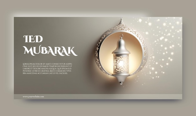 Modelo de banner Ied Mubarak com lâmpada dourada e decoração islâmica e texto editável