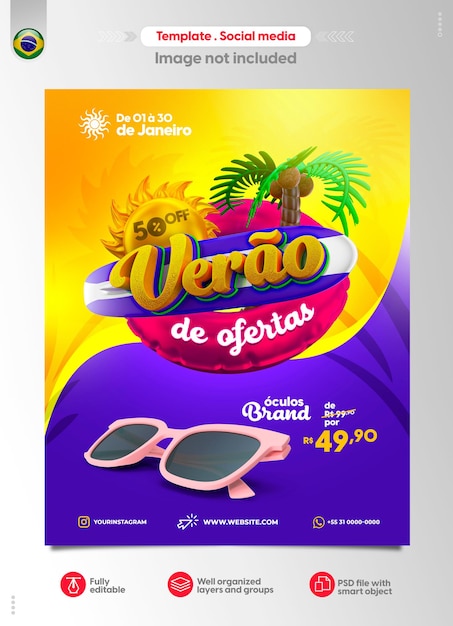 PSD modelo de banner português para vendas de verão com texto editável verão de ofertas