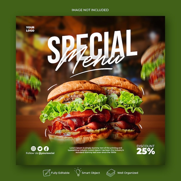 PSD modelo de banner promocional de hambúrguer delicioso em mídia social