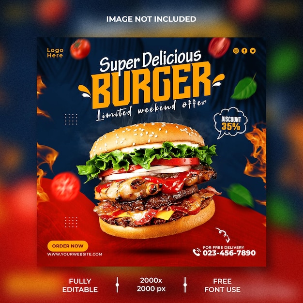Modelo de banner promocional de mídia social de hambúrguer delicioso