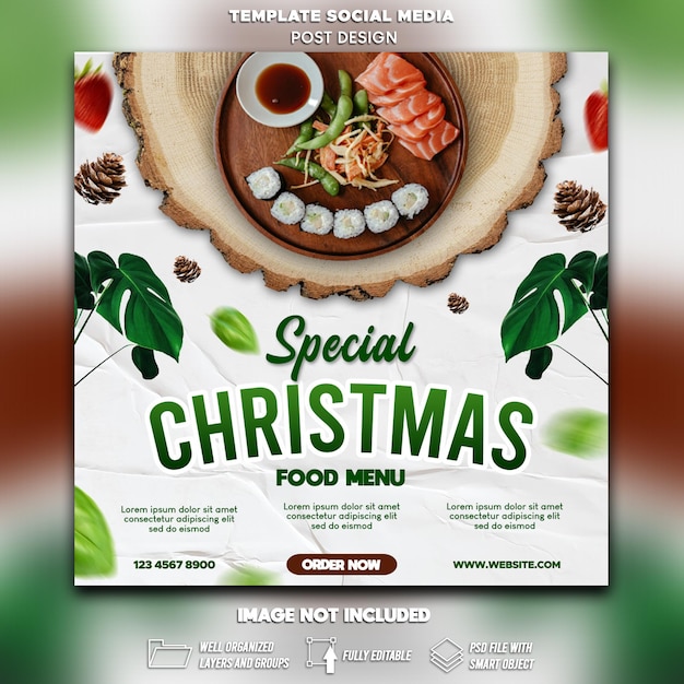 PSD modelo de banner quadrado de postagem de menu de comida de natal nas mídias sociais