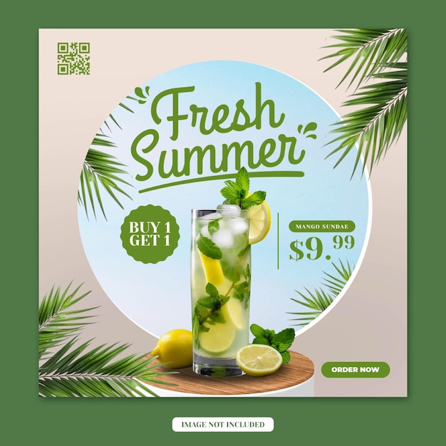 Modelo de banner quadrado de postagem de mídia social de menu de bebida de verão
