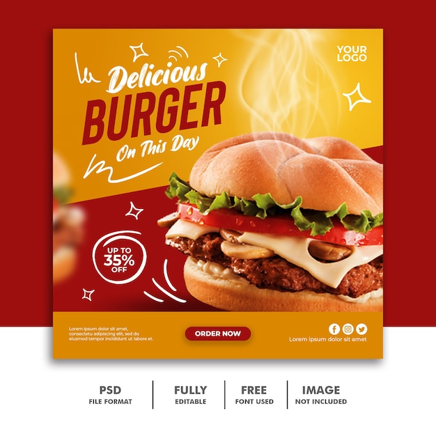 Modelo de banner quadrado de postagem nas mídias sociais para hambúrguer especial de menu de fastfood de restaurante