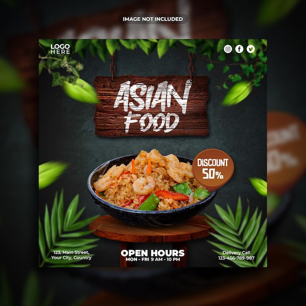 Modelo de banner quadrado de promoção de mídia social de comida asiática