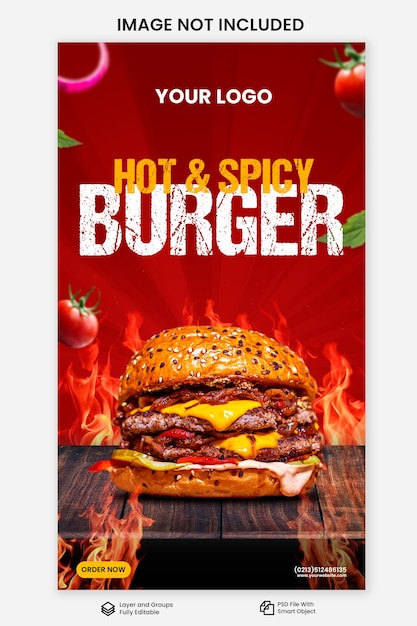 Modelo de banner quadrado de promoção de mídia social de menu de hambúrguer e comida delicioso