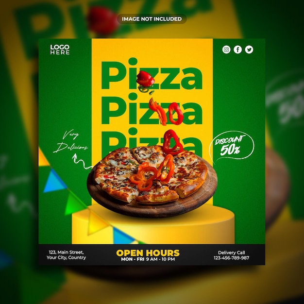 Modelo de banner quadrado de promoção de mídia social de pizza deliciosa