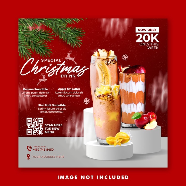 Modelo de banner quadrado para postagem de cardápio de bebidas de Natal nas redes sociais