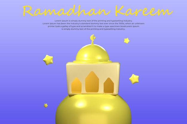 Modelo de banner Ramadan Kareem com mesquita e ilustração 3d de estrelas flutuantes