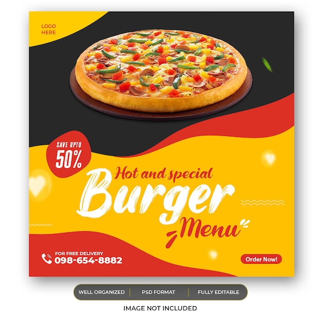 PSD modelo de banner web de menu de hambúrguer e comida delicioso