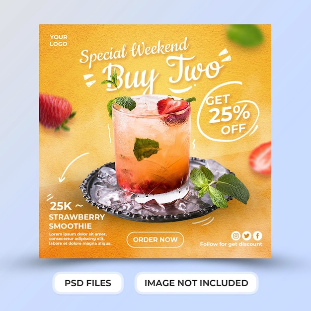 Modelo de bebida de smoothie de morango para promoção de postagem de mídia social psd premium