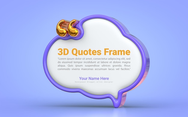 Modelo de blog de espaço vazio de quadro de caixa de citações em fundo azul Conceito de renderização 3D para apresentação de texto