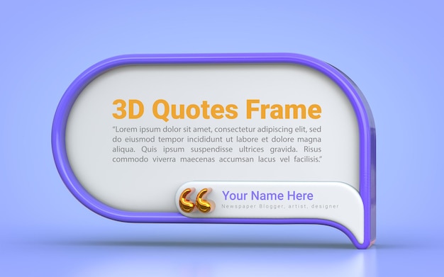 Modelo de blog de espaço vazio de quadro de caixa de citações em fundo azul Conceito de renderização 3D para apresentação de texto