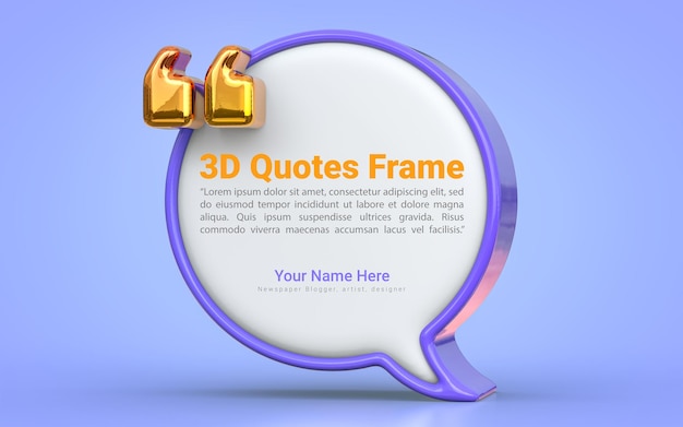 Modelo de blog de espaço vazio de quadro de caixa de citações em fundo azul Conceito de renderização 3D para apresentação de texto