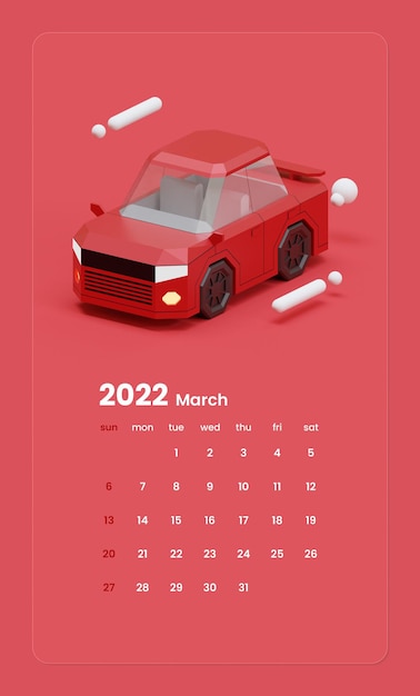 Modelo de calendário com ilustração de renderização em 3d de carro sedan