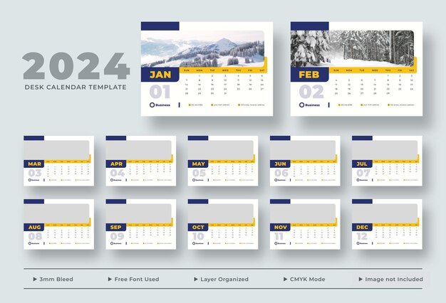 Modelo de calendário de mesa 2024 planejador de calendário de mesa