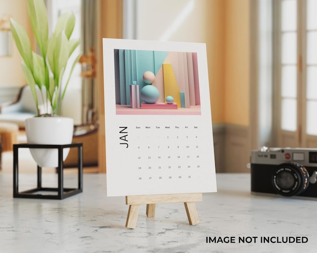 Modelo de calendário de mesa usando um mini cavaleiro em um interior minimalista clássico