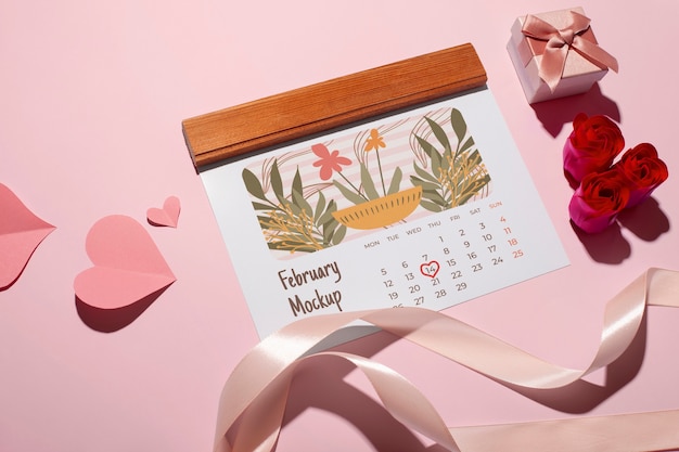 Modelo de calendário do Dia dos Namorados com caixa de presentes