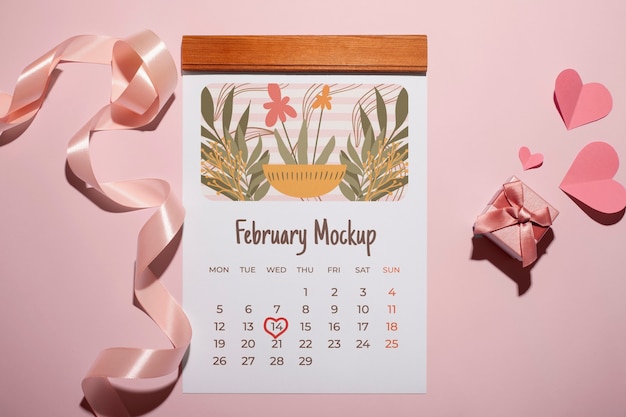 Modelo de calendário do Dia dos Namorados com caixa de presentes