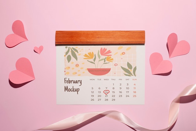 PSD modelo de calendário do dia dos namorados com corações e fita