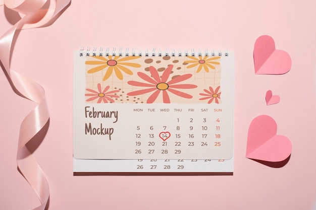 Modelo de calendário do Dia dos Namorados com corações e fita