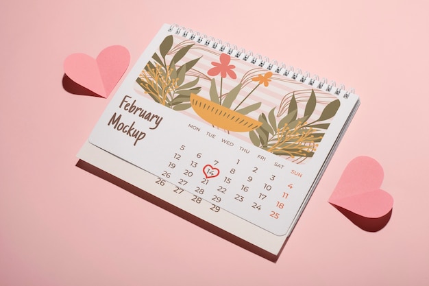 Modelo de calendário do Dia dos Namorados com corações e fita