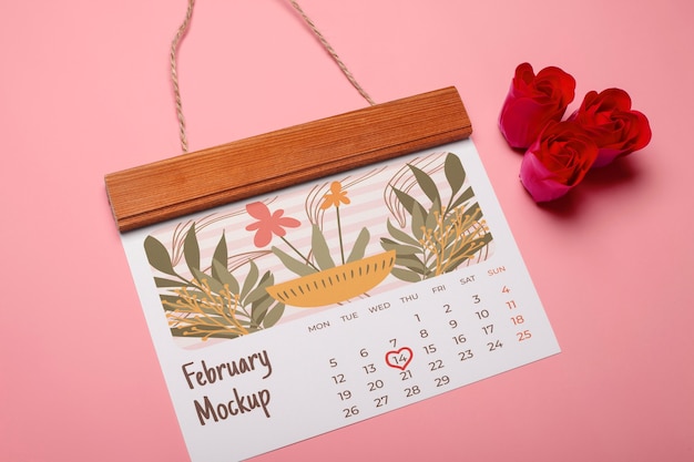 Modelo de calendário do Dia dos Namorados com corações e flores