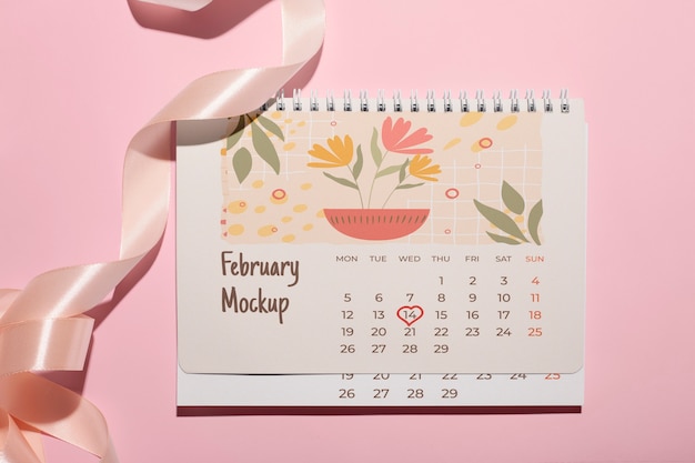 Modelo de calendário do Dia dos Namorados com fita