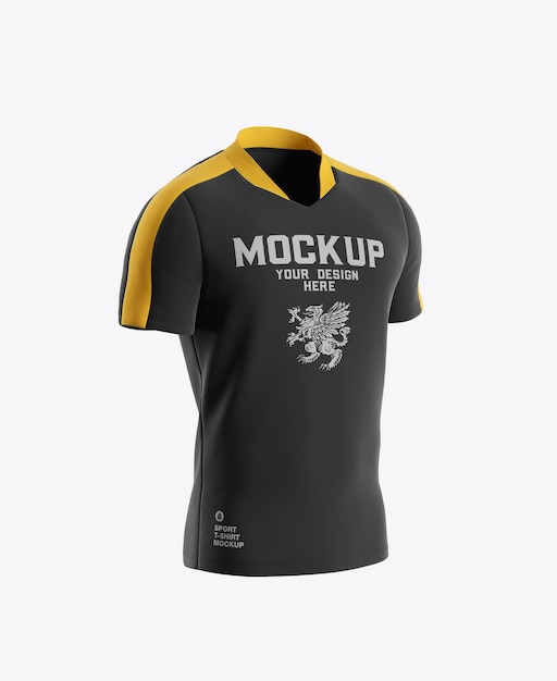 Modelo de camiseta esportiva preta com detalhes amarelos