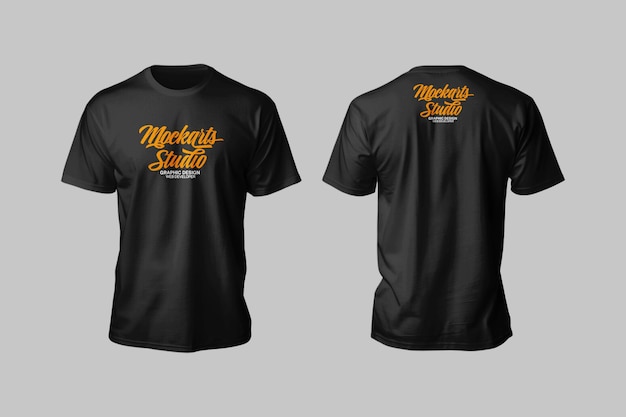 Modelo de camiseta preta dianteira e traseira