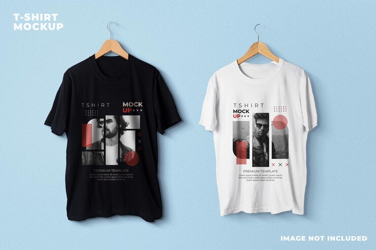 Modelo de camiseta preto e branco pendurado realista