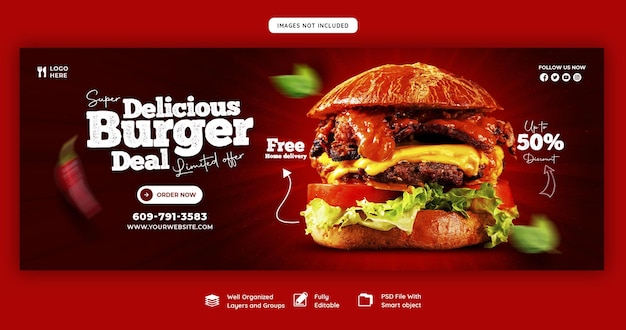 Modelo de capa de facebook delicioso menu de hambúrguer e comida