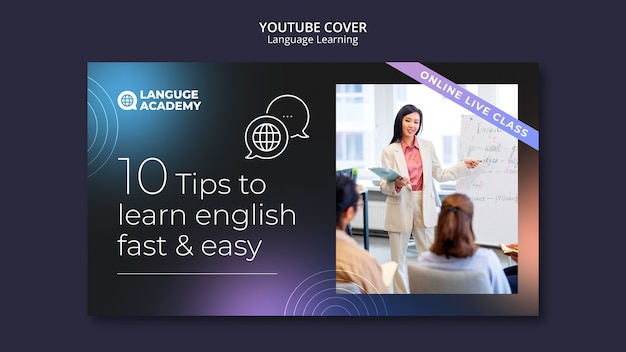 Modelo de capa do Youtube para aprendizado de idiomas com formas de linha