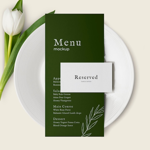 Modelo de cartão de cardápio de casamento de design branco e verde