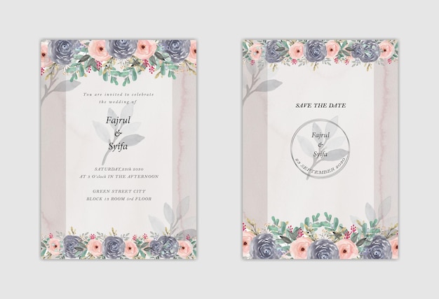 PSD modelo de cartão de convite de casamento com guirlanda de buquê de rosa branca deixar pintura em aquarela psd