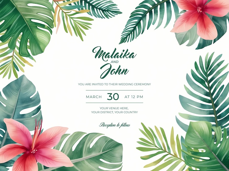 PSD modelo de cartão de convite de casamento de aquarela tropical frondosa