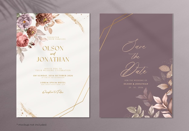 PSD modelo de cartão de convite de casamento de flores elegantes