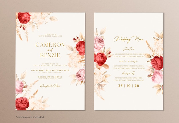 PSD modelo de cartão de convite de casamento floral boho