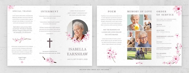 PSD modelo de cartão funeral bi-fold em tema psd cherry blossom