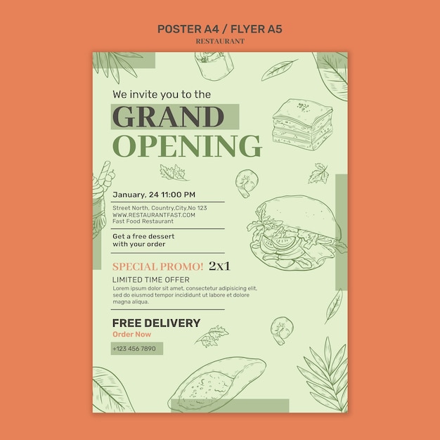 PSD modelo de cartaz de abertura de restaurante desenhado à mão