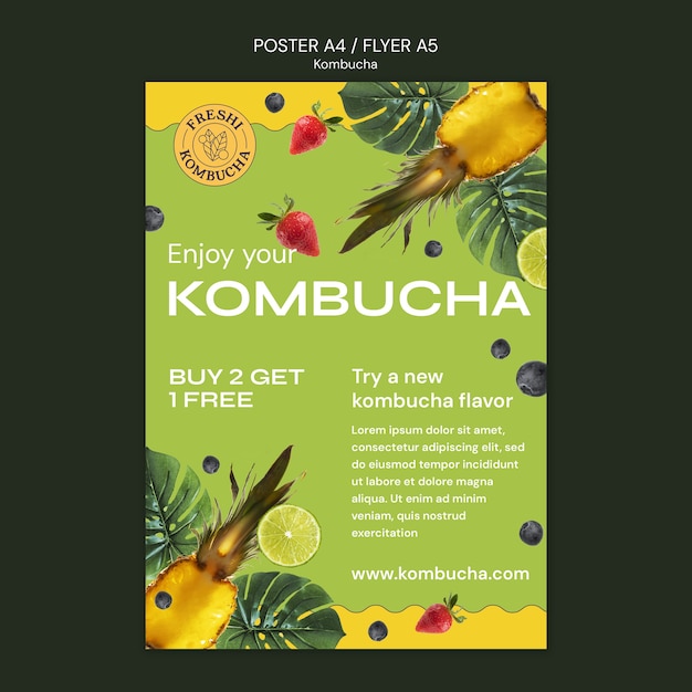 PSD modelo de cartaz de bebida de kombucha